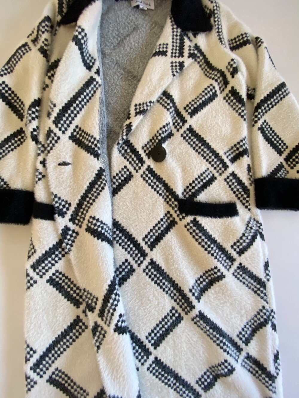 Joseph Ribkoff Windowpane Diamond Longline Coatigan Jacket Black Cream Sz Small - Picture 4 of 10